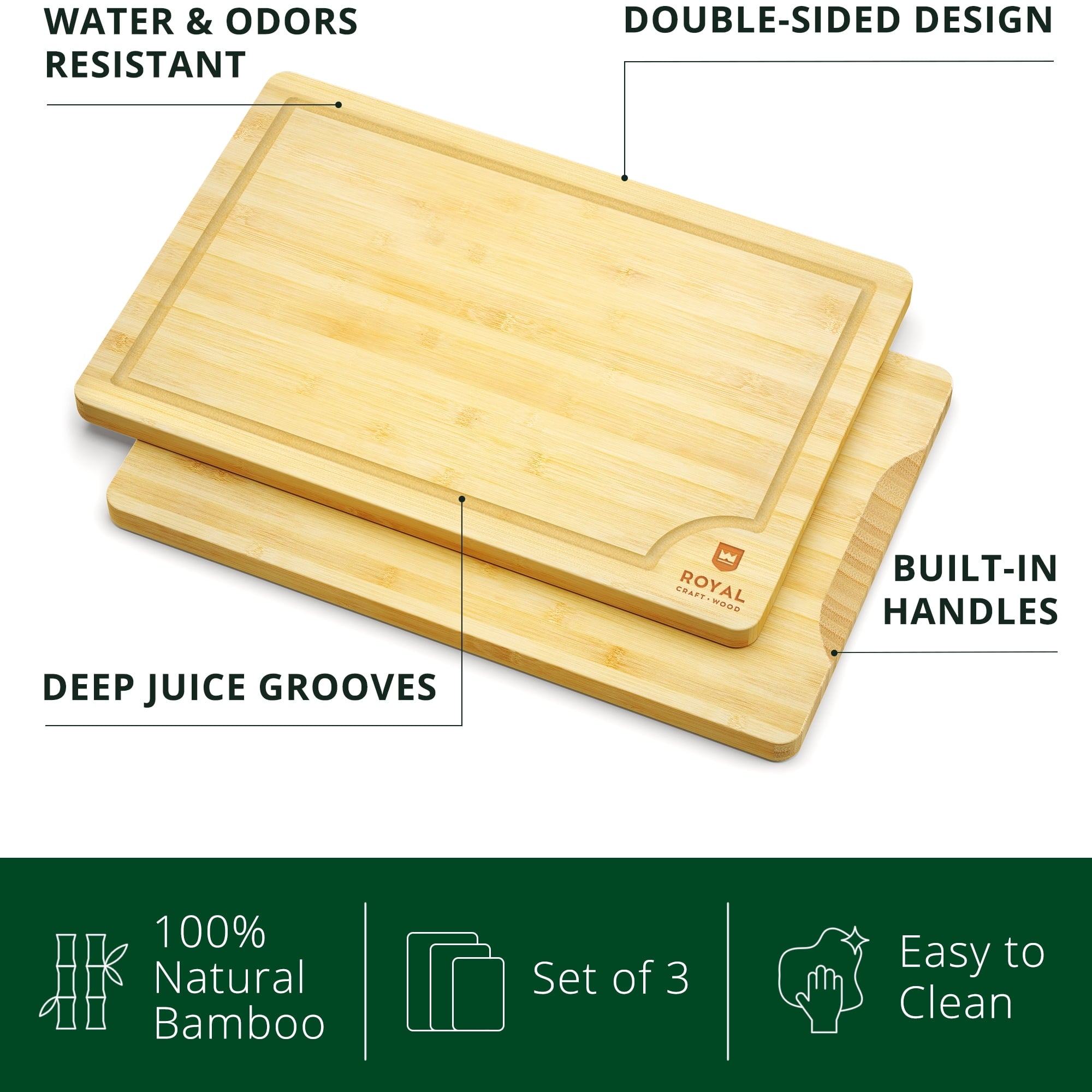 𝐋𝐮𝐱𝐮𝐫𝐲 Bamboo Cutting Board for Kitchen - Chopping Board w/Juice Groove & Easy Grip Handle - Organic Wooden Cutting Boards for Meat, Cheese, Fruits & Vegetables (Set of 3)